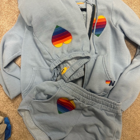 Aviator Nation Pants - Aviator Nation Light Blue Track Pants with Rainbow Heart